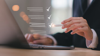 operator makes mark on the survey topic ,Checklist with checkmarks and checkboxes ,online quality...