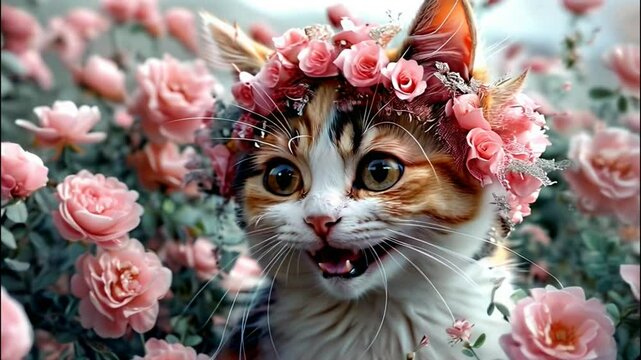 たくさんの花に囲まれた花輪をつけた子猫