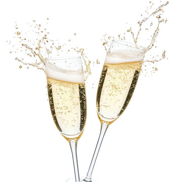 Two champagne flutes splashing with sparkling wine isolated on white background, symbolizing celebration, luxury toast and festive party moment