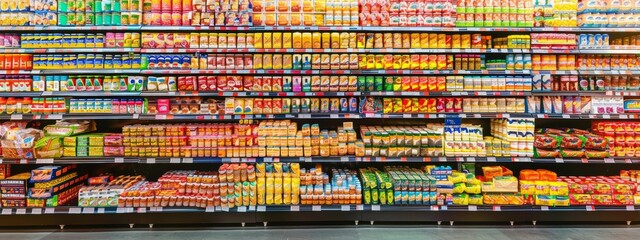 Naklejka premium Supermarket shelves packed with a variety of dairy and snack products