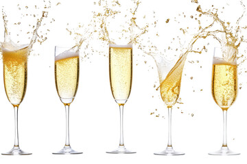 Five champagne glasses splashing with foam and bubbles. Isolated on white background.

