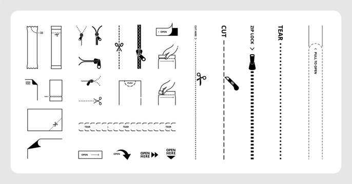 Zippers and scissors for package, shows the place of opening icon set