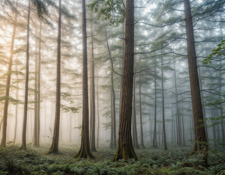 bosque de coniferas con niebla