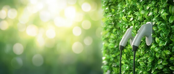 Electric vehicle charging cable amidst lush green leaves, symbolizing eco-friendly technology