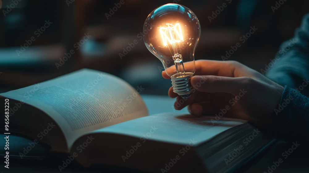 Poster student gets an idea while studying at night with an illuminated light bulb above a book