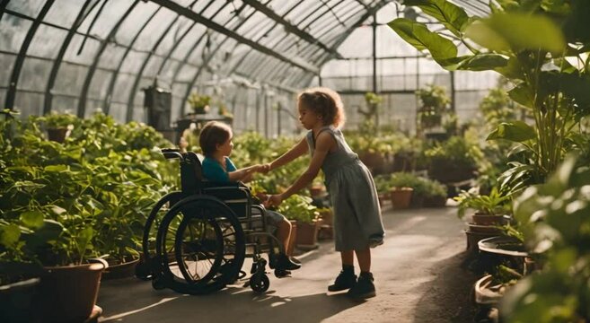 Young Child in Wheelchair Joyfully Gardening: Sustainability and Inclusivity