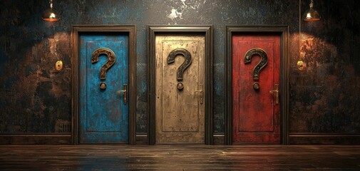 A dark, mysterious room with a wooden floor and walls covered in textured dark wallpaper. Three doors are lined up next to each other