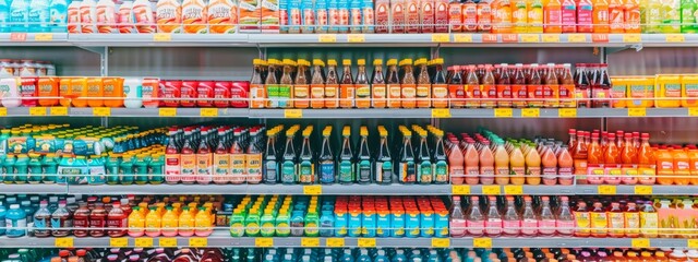 Supermarket shelves with drinks and condiments on display
