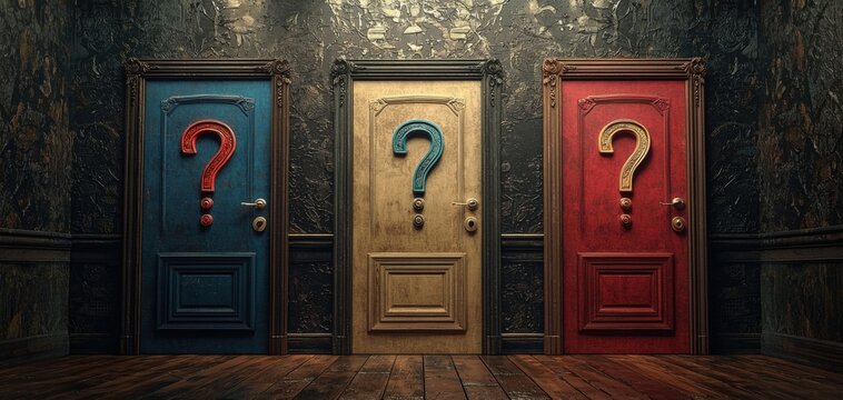 A dark, mysterious room with a wooden floor and walls covered in textured dark wallpaper. Three doors are lined up next to each other