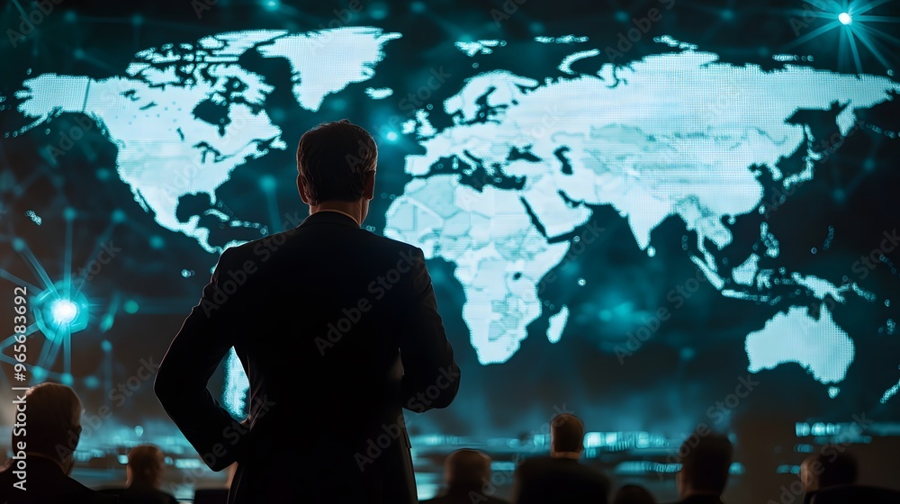 Poster a man in a suit stands in front of a projection of the world map