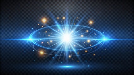 Fototapeta premium A vibrant blue circle with golden lines and stars against a dark grid background creates a sci-fi, futuristic atmosphere with a neon glow.