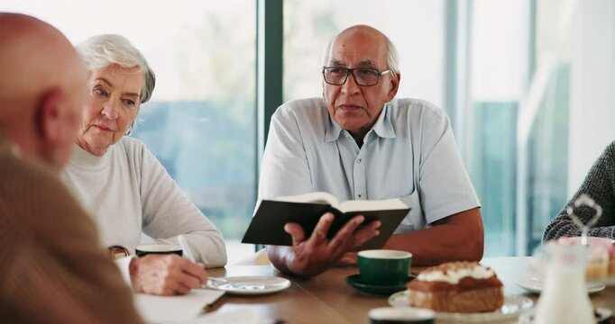 People, book and elderly group for bible study, faith and learning knowledge of Christian scripture. Pastor, teaching and senior citizen for community, worship or discussion of gospel of Jesus Christ