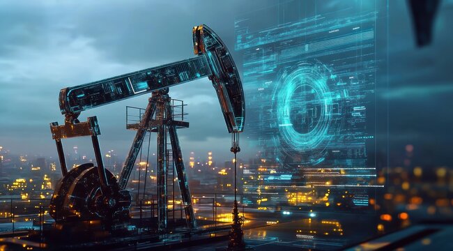Pompe &agrave; p&eacute;trole avec identit&eacute; num&eacute;rique holographique, sur fond de ville, concept technologique industriel futuriste et moderne. Cybers&eacute;curit&eacute; dans la production de gaz naturel ou de carburant.