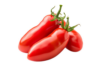 Red San Marzano tomato with a green stem isolated on a white background.