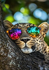 Fototapeta premium Un léopard avec des lunettes de soleil aux couleurs LGBT dormant dans un arbre au Kenya en Afrique