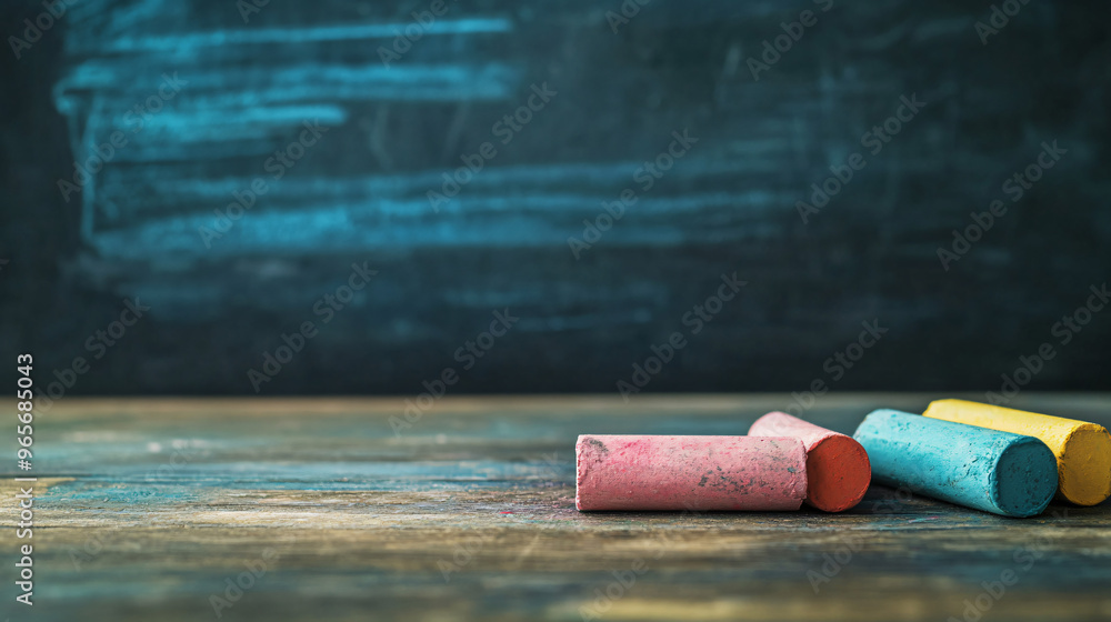 Poster colorful chalk pieces scattered on a wooden desk with an empty chalkboard in the background