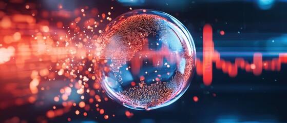 Close up of a bubble surrounded by vibrant particles and digital sound waves, dangerous financial bubble burst concept