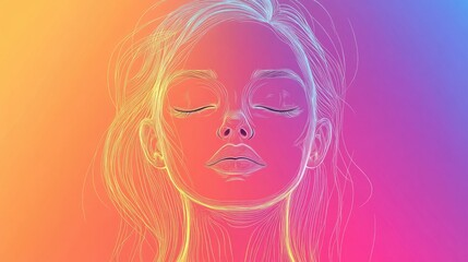 Rainbow gradient line illustration of a cartoon woman with closed eyes