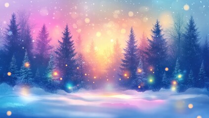 Naklejka premium Abstract background featuring a snowy landscape, forest trees, and colorful lights, Christmas or New Year, with space for text in the illustration