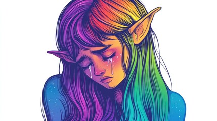 Cartoon illustration of a crying elf girl featuring a rainbow gradient line design