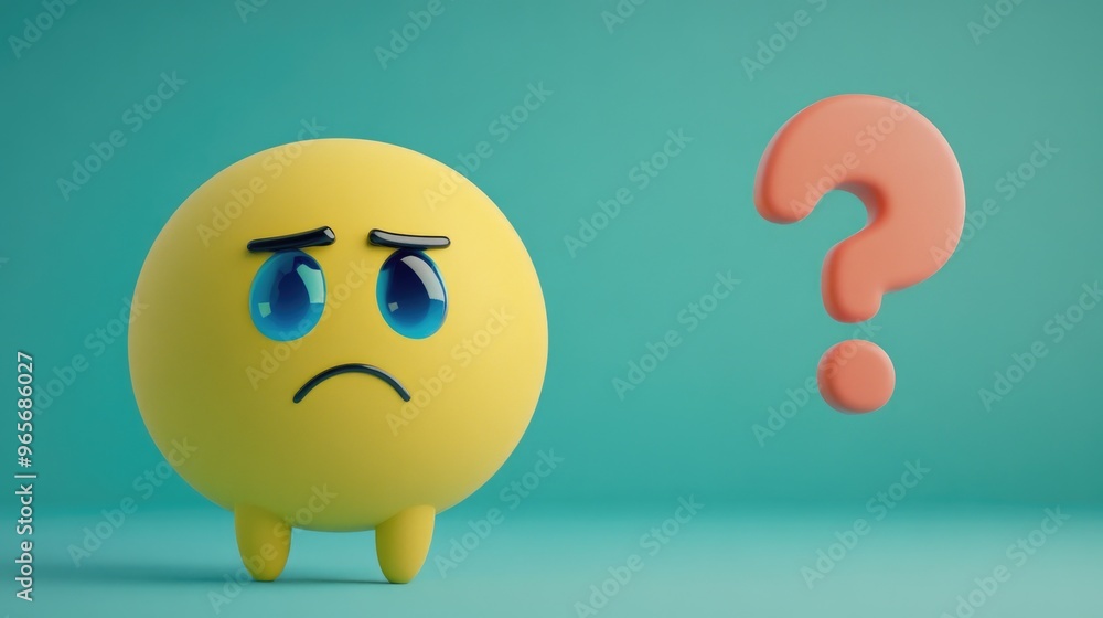 Poster 2d cartoon style rendering of a sad character emoticon with a question mark and a colorful speech bu
