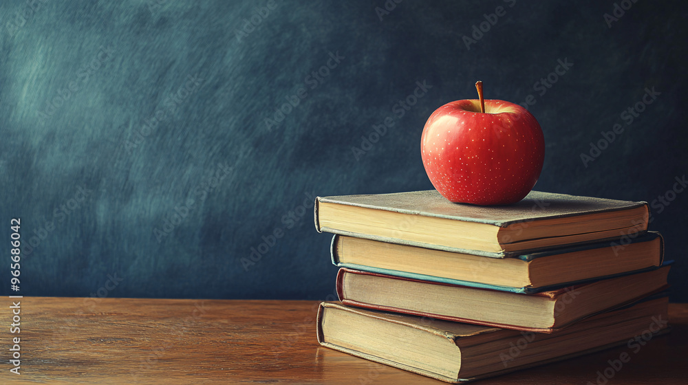 Poster red apple is sitting on a stack of books on a wooden surface with a chalkboard background