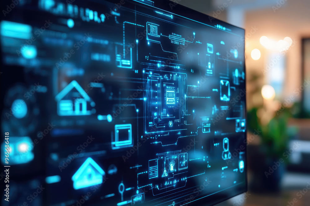 Poster modern smart home automation software interface displaying on a screen in a cozy apartment: managing