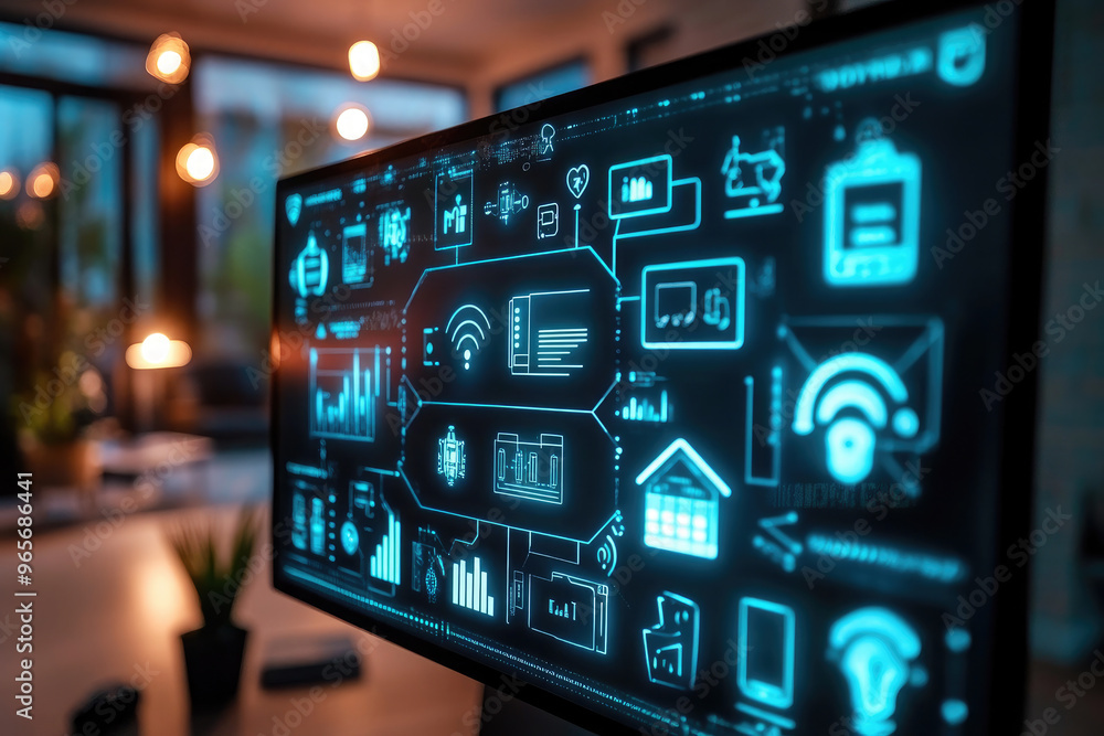 Poster modern smart home automation software interface displaying on a screen in a cozy apartment: managing