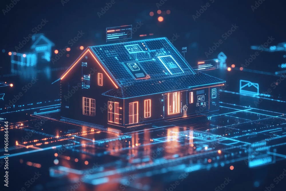 Poster futuristic smart home is being powered by solar panels and connected to the digital world through a 