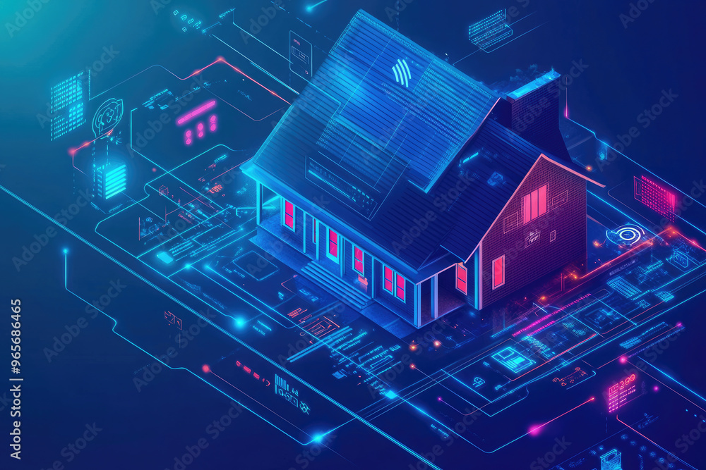 Poster futuristic smart home is being powered by solar panels and connected to the digital world through a 