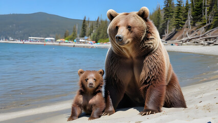 Fototapeta premium Adorable baby bear and mommy bear on the beautiful beach under the sunshine, happy brown bear family on the beach, happy black bears, ai generated