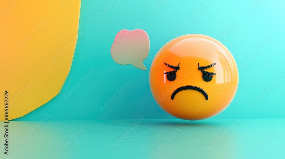 Poster 2d cartoon style rendering of a sad character emoticon expressing negativity accompanied by a colorf
