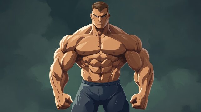 2D cartoon style bodybuilder with a muscular physique and proportionately small head showcasing strength and athleticism in isolation