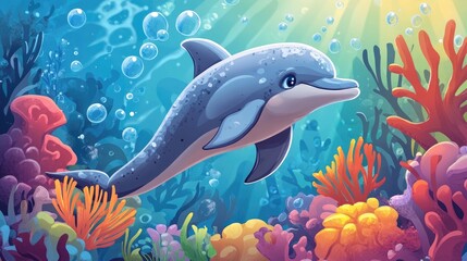 Obraz premium Cartoon illustration of a playful dolphin in a vibrant underwater setting