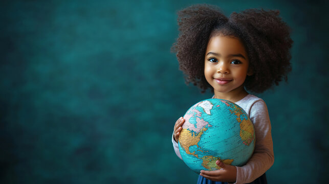 Smiling young student holds a globe in front of a blank chalkboard