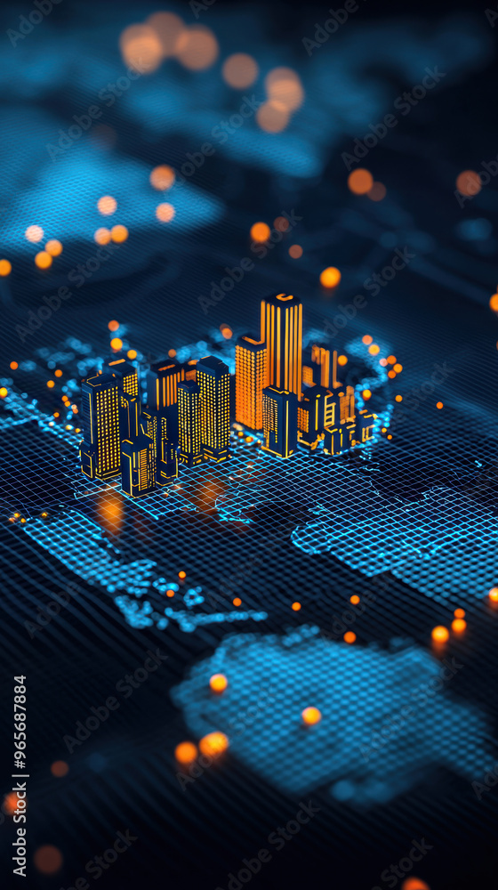 Poster futuristic cityscape with glowing buildings and digital map connections representing advanced techno