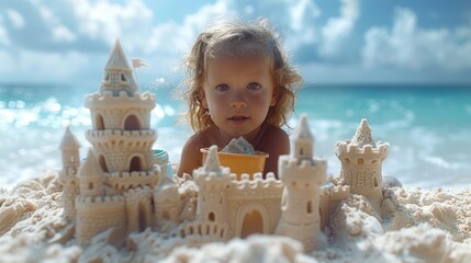A beach scene with children building a sandcastle, with colorful buckets and shovels, and the castle taking shape with towers and moats