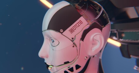 A futuristic humanoid robot illuminated by neon lights. The sleek design merges organic curves with...