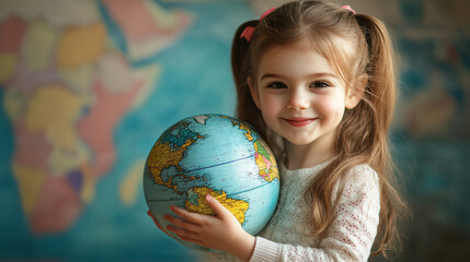 Excited girl with globe in front of colorful world map, smiling and learning about countries and continents, embodying innocence and curiosity of childhood