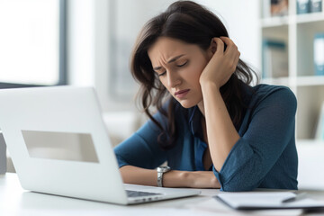 Exhausted and overworked young female employee is sitting worn and tried at a desk with a laptop open in front of her. She is in a state of distress or frustration