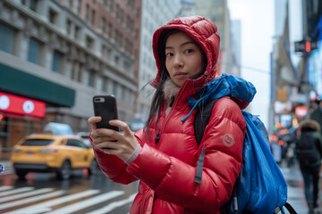 Japanese woman traveler, raincoat in the city street on a cloudy and rainy day looks at the weather forecast on her cell phone.