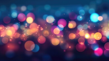 Fototapeta premium Abstract blurred background with defocused lights of a night city, featuring colorful street lights and a dark sky, urban background with vibrant bokeh effects.