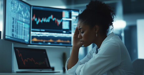 Frustrated businesswoman sitting at desk with hand on head in front of multiple trading screens displaying stock market charts. Office environment at night. Business stress and finance crisis concept