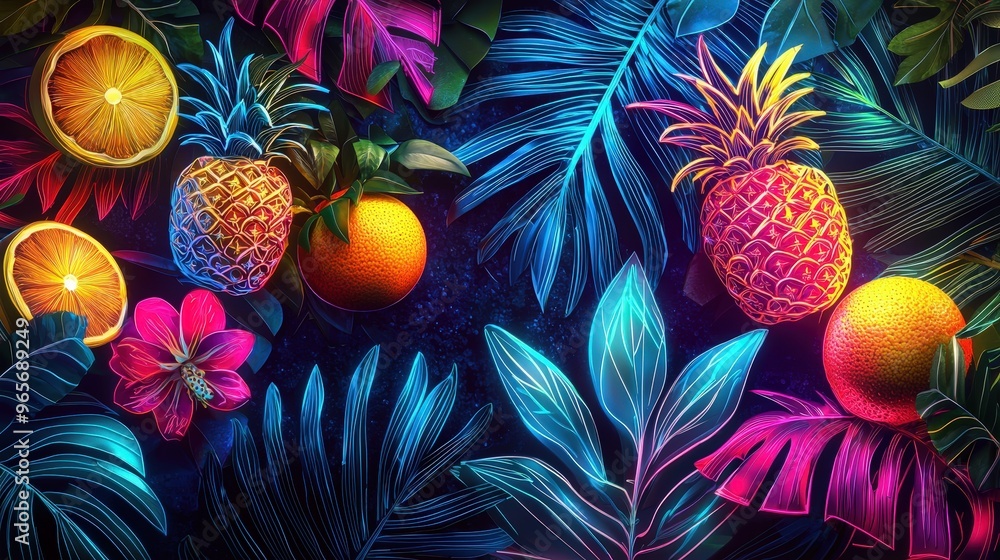 Aufkleber the vibrant arrangement features bright pineapples and oranges surrounded by lush tropical leaves, c