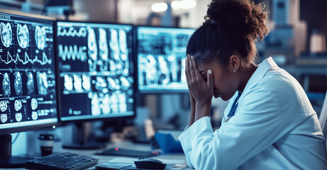 Stressed African American female doctor sitting at desk with hands on face in front of multiple monitors displaying medical scans and ECG readings. Healthcare burnout and medical error concept