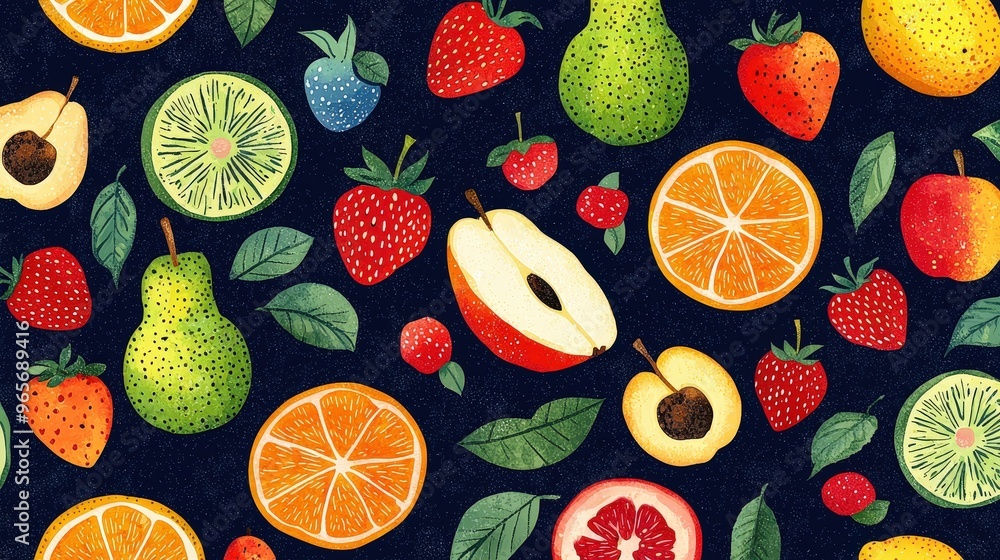 Poster this design features a colorful arrangement of various fruits such as apples, oranges, pears, and be