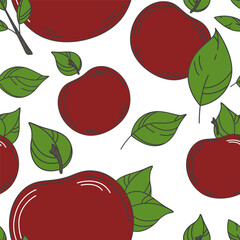 Vector seamless pattern of many big contour red apples, leaves set. Funny cartoon fruits hand drawn. Cute food print for juice, cider packaging, fall ads layout, notebook cover. Bright natural design