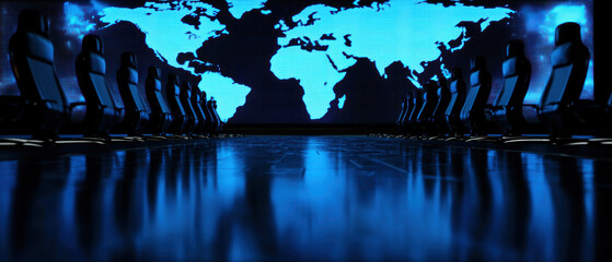 High-tech conference room with digital global map display and empty chairs reflecting modern corporate setting. Focus on worldwide collaboration.