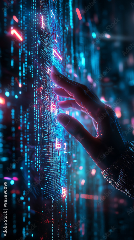 Aufkleber hand interacting with futuristic digital interface glowing neon lights representing data and technol