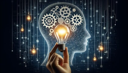 Outline of a human head with gears and lightbulb held by a hand with a digital network background.